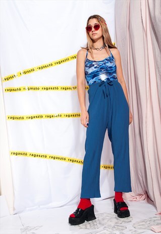 VINTAGE WIDE-LEG TROUSERS 90S TIE FRONT CROPPED BLUE PANTS