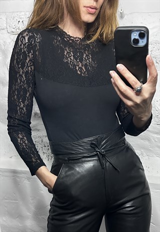 LACE SEE THRU BLACK BODYSUIT / TOP WITH G STRAP - S - M