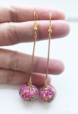 HANDMADE PINK GLITTER BALL EARRING