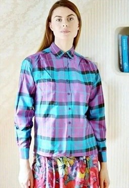 Purple silky checked long sleeve vintage shirt