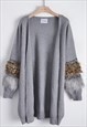 Long Cardigan with Leopard Print Faux Fur Embellished Sleeve