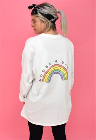 G&G UNISEX WHITE RAINBOW CUFFED L/S TEE