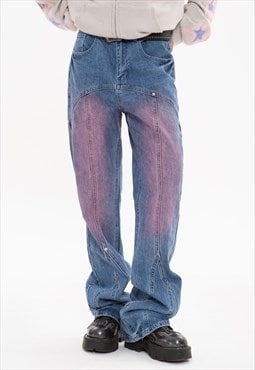 Distressed jeans pink painted denim pants in vintage blue