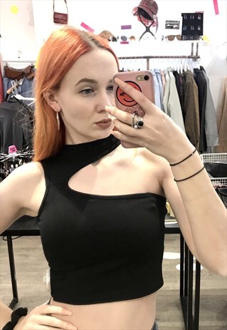 VINTAGE INSPIRED CROP TOP IN BLACK WITH CUT OUT NECKLINE
