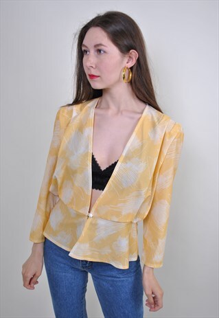 ABSTRACT PRINT YELLOW EVENING BLOUSE, VINTAGE SUIT SHIRT