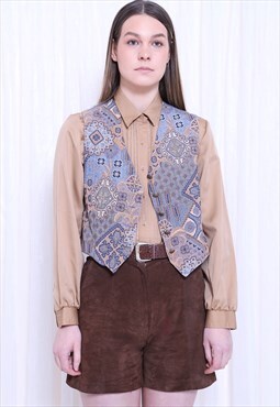 REVIVAL 70s Vintage Multicoloured Abstract Blue Waistcoat
