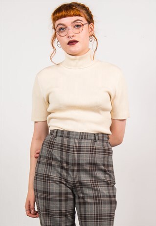 VINTAGE 90'S WHITE TURTLE NECK RIBBED KNIT TOP