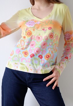 Vintage Mesh Top Y2k Graphic T-shirt Sheer Long Sleeves