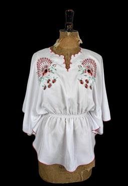 70's Vintage White Kimono Blouse Peacock Embroidery Top