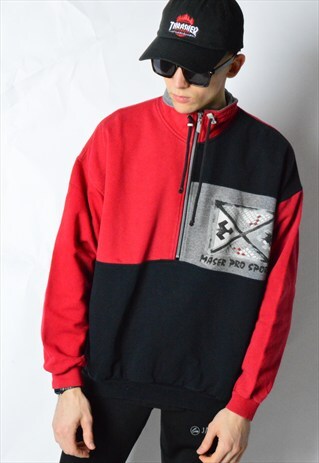 VINTAGE RED BLACK COLOUR BLOCK 1/2 ZIPPER SPORTS SWEATSHIRT