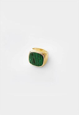 54 Floral Onyx Marble Green Band Signet Ring - Gold