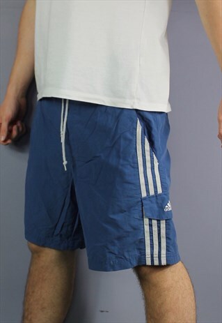 VINTAGE ADIDAS SHORTS IN BLUE WITH POCKETS, EMBROIDERED LOGO