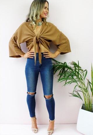 BEIGE PLUNGE FRONT TIE PEASANT BOHO BLOUSE TOP