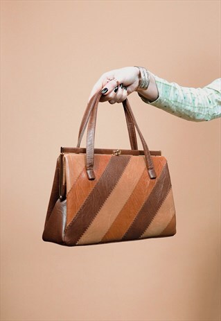 PRISCILLA : VINTAGE 70S TAN PATCHWORK LEATHER HANDBAG