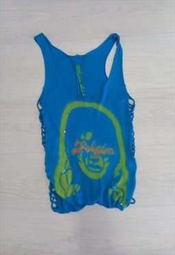 00's Religion Vest Top Blue Multi Distressed