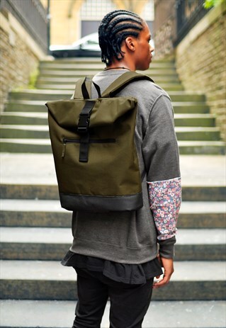 KHAKI ROLL TOP LAPTOP BACKPACK