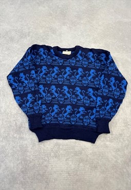Vintage Knitted Jumper Abstract Dragon Patterned Sweater