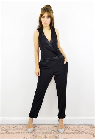 VINTAGE 90S BLACK SLEEVELESS TAPERED EVENING JUMPSUIT