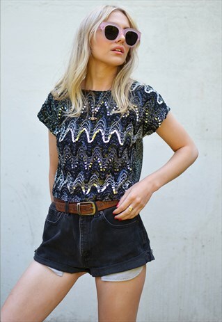 VINTAGE 90S SPARKLY BLACK & SILVER SEQUIN FESTIVAL CROP TOP