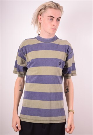 TIMBERLAND MENS VINTAGE T-SHIRT TOP MEDIUM BLUE STRIPES 90S