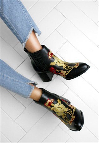 KRISTEN EMBROIDERED FAUX LEATHER POINTED ANKLE BOOTS
