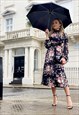 BLACK FLORAL MIDI DRESS WITH PUSSY BOW
