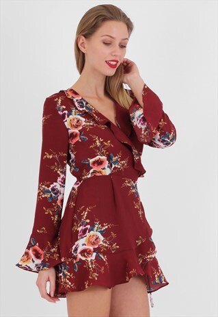 FLORAL PRINT LONG SLEEVE WRAP TEA DRESS IN WINE