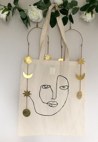 HAND PAINTED ABSTRACT FACE TOTE BAG