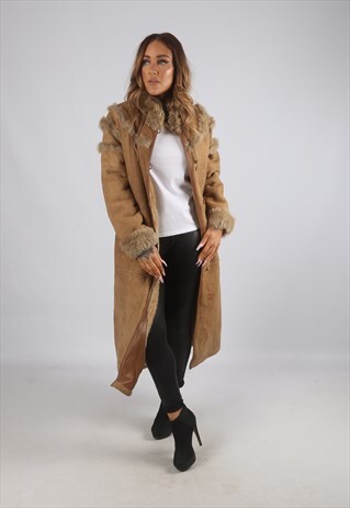 VINTAGE SHEEPSKIN SUEDE SHEARLING COAT LONG UK 12 - 14 (J9BX