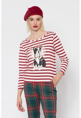 RED AND WHITE STRIPED ROYAL DOG PRINT LONG SLEEVE TEE