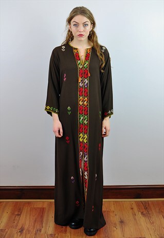 VINTAGE 70'S EMBROIDERED BROWN BOHO HIPPY KAFTAN MAXI DRESS