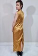 VINTAGE 70'S YELLOW GOLD METALLIC BEADED MAXI EVENING DRESS