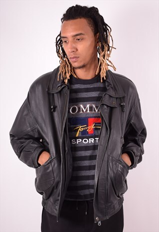 MENS VINTAGE LEATHER JACKET LARGE BLACK 90S