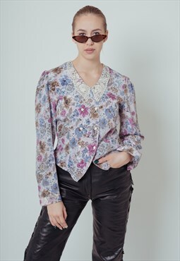 Vintage Puffy Sleeve Lace Collar Watercolor Floral Blouse S