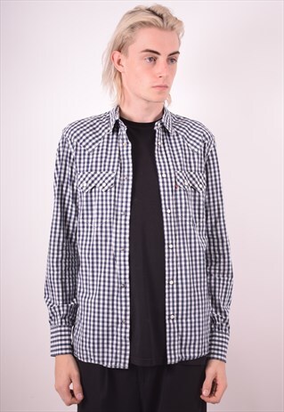 LEVI'S MENS VINTAGE SHIRT MEDIUM NAVY BLUE CHECK 90S
