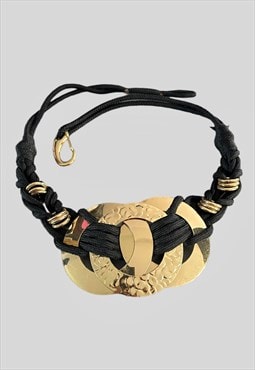 70's Vintage Ladies Belt Black Gold Buckle Rope Grecian 