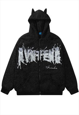Devil horn fleece jacket graffiti grunge bomber in black