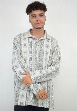 VINTAGE 90S GREY WHITE PATTERN PRINT POLO SHIRT