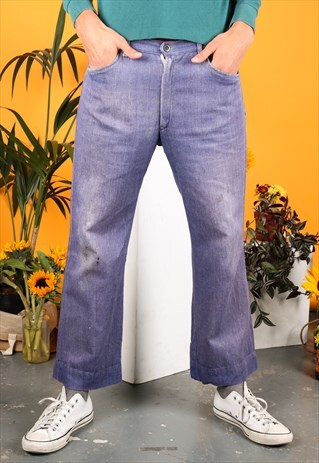 VINTAGE REWORKED WORKER TROUSERS IN BLUE EMBROIDERY PATCHES
