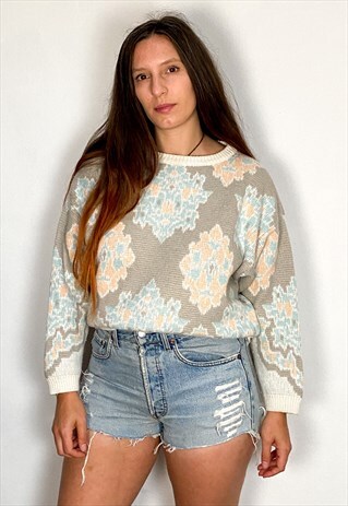 VINTAGE 80'S PASTEL PATTERN LOOSE LONG SLEEVE JUMPER