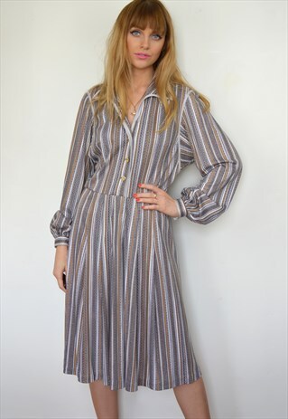 VINTAGE 90S GREY STRIPE BOHO MIDI DRESS