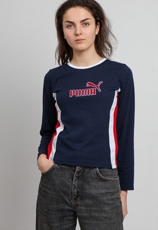 VINTAGE BLUE WHITE RED PUMA CREW NECK LONG SLEEVE TOP