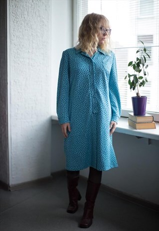 VINTAGE 80'S BLUE POLKA DOT LONG SLEEVED DRESS