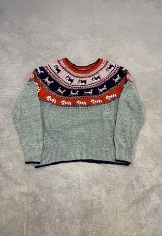 VINTAGE KNITTED JUMPER CUTE DOG PATTERNED KNIT SWEATER