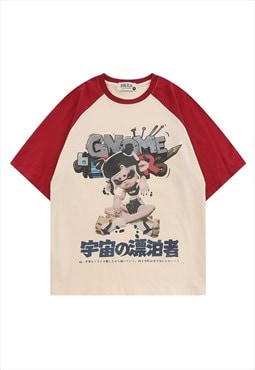 Anime print raglan t-shirt Japanese cartoon tee in red cream