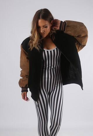 VINTAGE VARSITY SUEDE BOMBER JACKET OVERSIZED UK 18 (L72N)