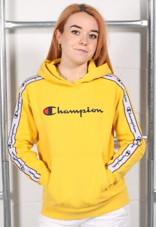 Vintage Champion Hoodie in Yellow Pullover Jumper Small