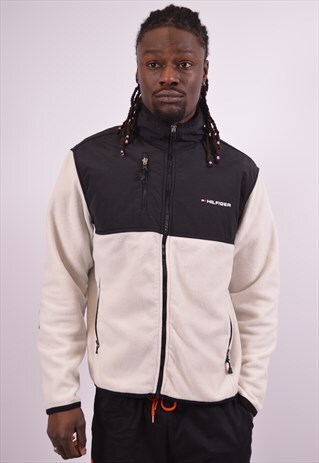 TOMMY HILFIGER MENS VINTAGE FLEECE JACKET MEDIUM WHITE 90S
