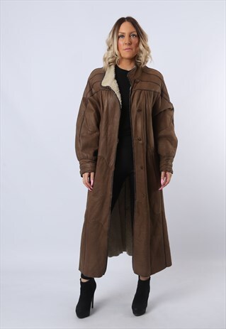 SHEEPSKIN SHEARLING LEATHER COAT JACKET LONG UK 16 (D9AV)