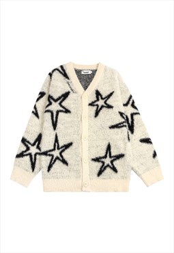 Fuzzy cardigan fluffy star print jumper fleece top in cream